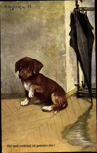 Künstler Ak Kuglmayr, M., Das muss natürlich ich gewesen sein, Nasser Regenschirm, Hund, Humor