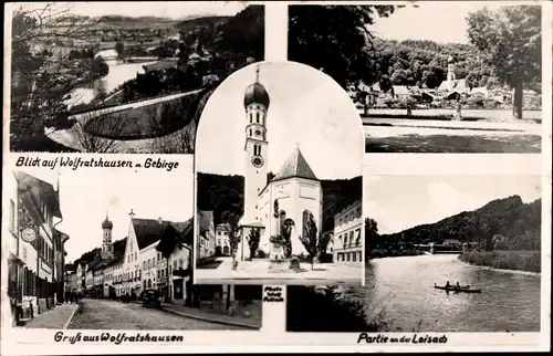 Foto Ak Wolfratshausen im Kreis Bad Tölz Wolfratshausen, Gebirge, Kirche, Partie an der Loisach