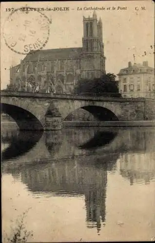 Ak Mantes la Jolie Yvelines, Kathedrale, Brücke