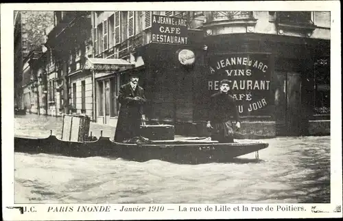 Ak Paris VII, Rue de Lille und Rue de Poitiers, Überschwemmung 1910, Ein Jeanne d'arc Café