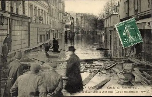 Ak Paris XVI., Clichè, Inondation de la Seine en 1910, coin de la Rue Gros, crue maximum 9m50