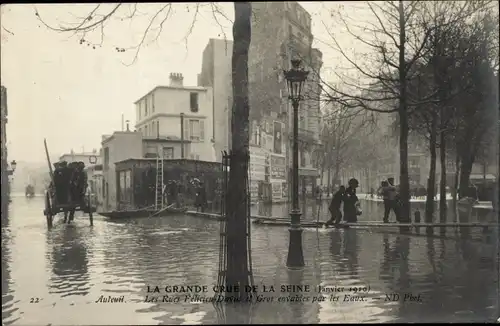 Postkarte Paris XVI Passy, Rues Félicien David und Gros, Die große Seineflut Januar 1910