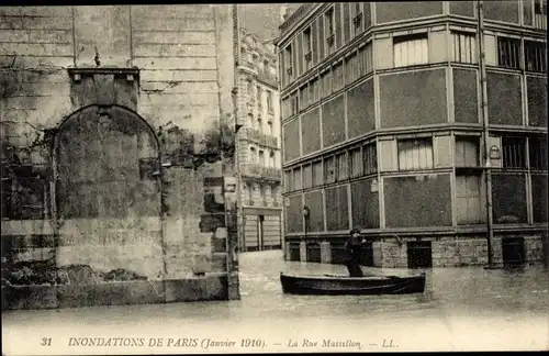 Postkarte Paris IV, Rue Massillon, Die große Seine-Flut Januar 1910