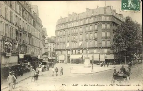 Ak Paris IV, Rue Saint-Antoine, Place Beaumarchais