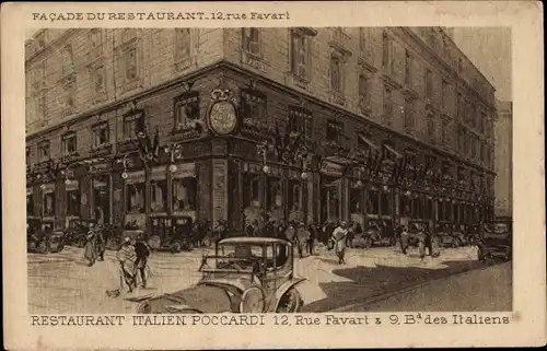 Künstler Ak Paris II, Rue Favart, Boulevard des Italiens, italienisches Restaurant Poccardi, Fassade