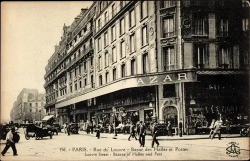 Postkarte Paris I Louvre, Rue du Louvre, Bazaar des Halles und Postes