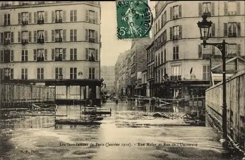 Ak Paris VII, Rue de l'Université, Rue Malar, Die große Seineflut Januar 1910