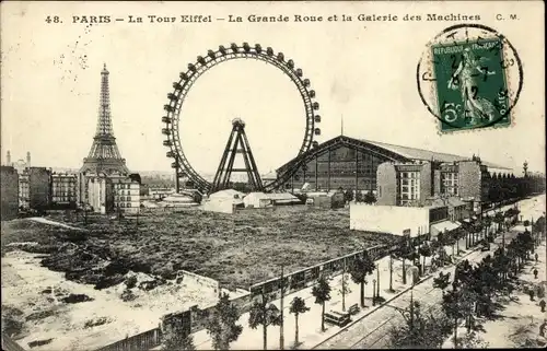 Ak Paris VII. Arrondissement Palais Bourbon, Der Eiffelturm, Das Riesenrad, Galerie des Machines