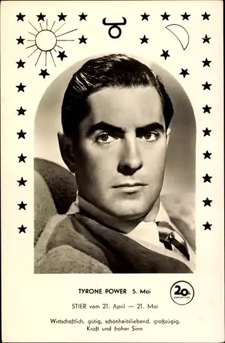 Ak Schauspieler Tyrone Power, Portrait, Sternzeichen Stier, Taurus