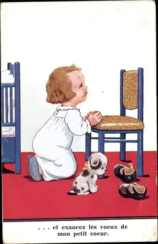 Künstler Ak Wills, John, Kind beim Abendgebet, Hund