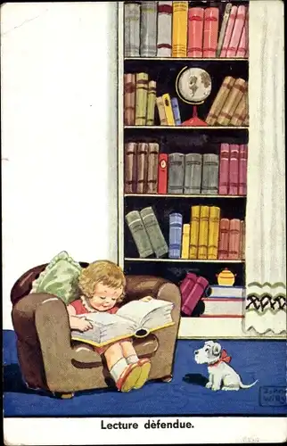 Künstler Ak Wills, John, Mädchen im Sessel, dickes Buch, Hund