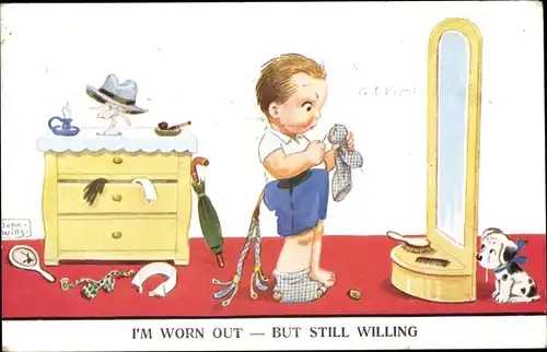 Künstler Ak Wills, John, Junge stopft Strümpfe vor dem Spiegel