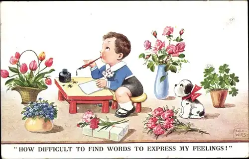Künstler Ak Wills, John, Junge schreibt einen Brief, Blumen, Hund