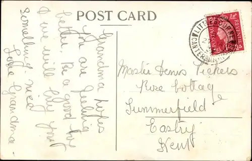 Künstler Ak Wills, John, Junge schreibt einen Brief, Blumen, Hund