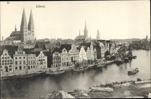 Ak Lübeck, Giebelhäuser an der Trave, Kirchen