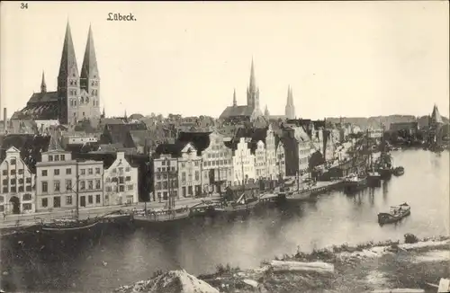 Ak Lübeck, Giebelhäuser an der Trave, Kirchen