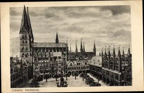 Ak Hansestadt Lübeck, Marktplatz, Rathaus, Marienkirche