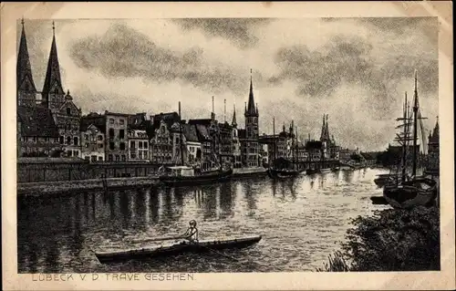 Ak Hansestadt Lübeck, Trave,  Ruderboot, Segelboote
