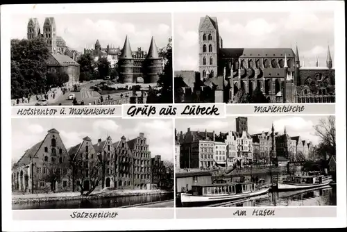 Ak Hansestadt Lübeck, Holstentor, Marienkirche, Salzspeicher, Hafen