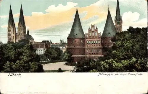 Ak Lübeck, Holstentor, Marienkirche, Petrikirche
