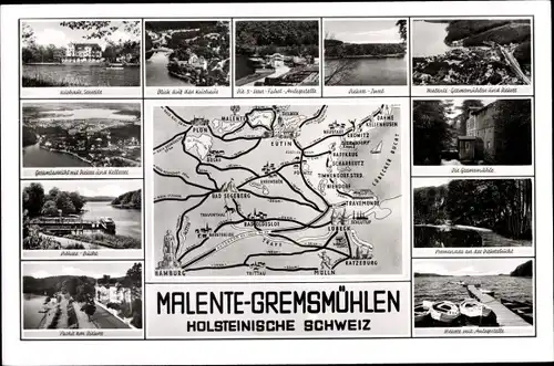 Ak Gremsmühlen Malente in Ostholstein, Kurhaus, Parkhotel, Kleine Insel, Anlegestelle 5 Seen-Fahrt