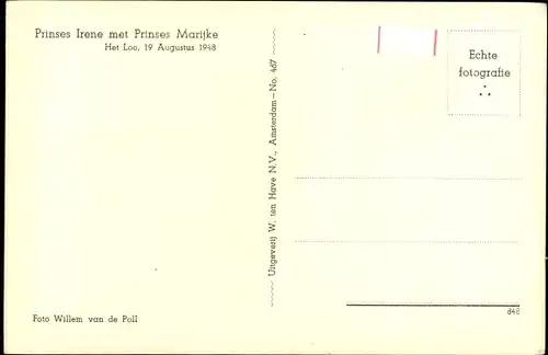 Ak Prinzessin Irene der Niederlande mit Prinzessin Marijke, Het Loo 1948