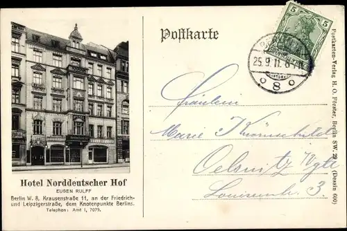Ak Berlin, Hotel Norddeutscher Hof, Krausenstraße 11