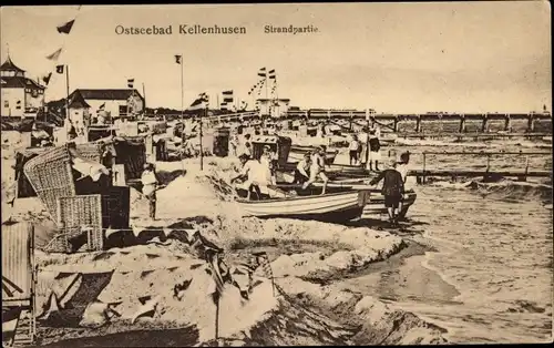 Ak Ostseebad Kellenhusen in Holstein, Strand, Badegäste, Boote, Strandkörbe