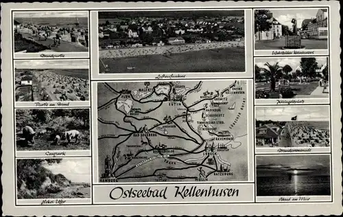 Ak Ostseebad Kellenhusen in Holstein, Luftaufnahme, Strand, Promenade, Landkarte