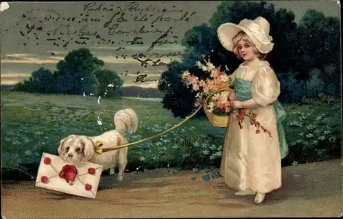 Präge Litho Mädchen mit weißem Hund an der Leine, Blumen, Brief