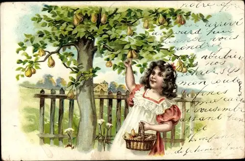Präge Litho Mädchen pflückt Birnen