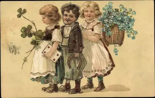 Präge Litho Kinder mit Glücksbringern, Vergissmeinnichtblüten, Hufeisen, Kleeblätter