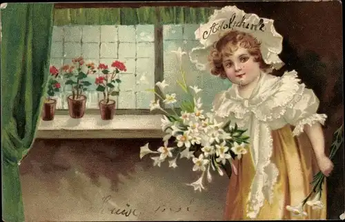 Präge Ak Mädchen mit Blumenstrauß, Lilien