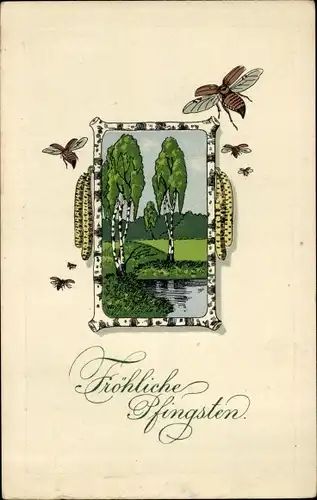 Präge Litho Glückwunsch Pfingsten, Fliegende Maikäfer, Frühlingslandschaft