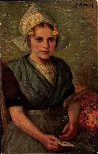 Künstler Ak Fröhlich, E., Geburtstagsgrüße, Mädchen in Tracht mit Brief