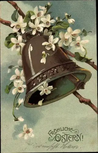 Ak Glückwunsch Ostern, Glocke, weiße Blüten