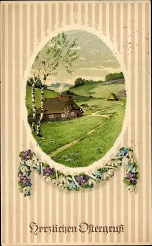 Präge Ak Glückwunsch Ostern, Frühlingslandschaft, Blumen