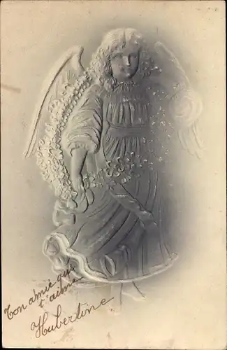 Präge Litho Engel mit Blumenkranz