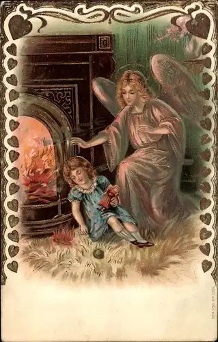 Präge Litho Schutzengel wacht über schlafendes Kind, Kamin