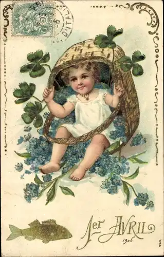 Präge Litho 1. April, Kleinkind im Weidenkorb, Kleeblätter, Vergissmeinnichtblüten