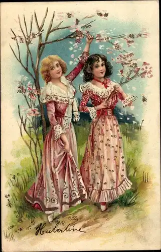 Präge Litho Zwei junge Frauen in rosa Kleidern