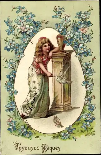 Präge Litho Glückwunsch Ostern, Vergissmeinnichtblüten, Mädchen, Ei, Tauben