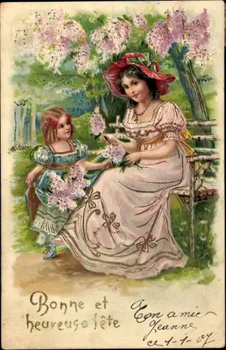 Präge Litho Glückwunsch Geburtstag, Frau und Mädchen unter einem Blütenbaum