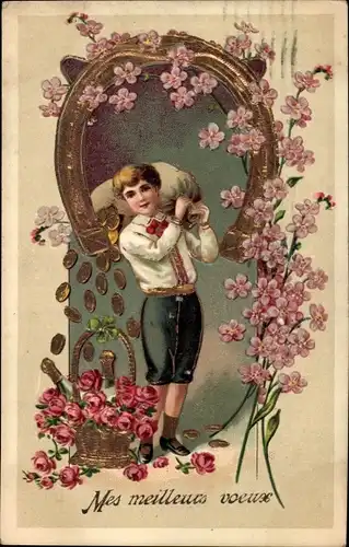 Präge Litho Junge mit Geldsack, Münzen, Hufeisen, Rosen, Kitsch