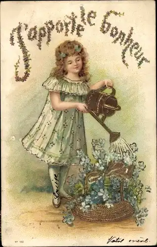 Präge Litho Mädchen gießt Vergissmeinnichtblüten in einem Korb