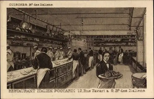 Künstler Ak Paris II., Restaurant Italien Poccardi, 12. Rue Favart et 9. Boulevard des Italiens