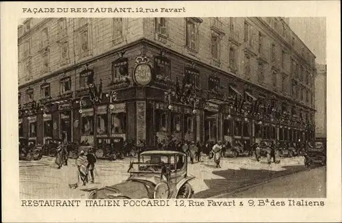 Künstler Ak Paris II, Rue Favart, Blvd des Italiens, italienisches Restaurant Poccardi, Fassade