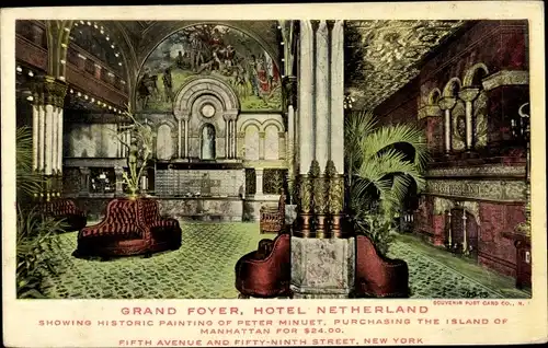 Ak New York City USA, Grand Foyer, Hotel Netherland, Historic Painting of Peter Minuet
