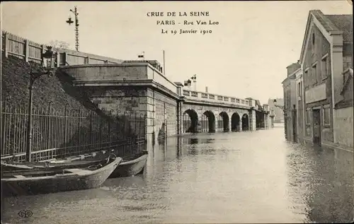 Ak Paris, Überschwemmung der Seine, Rue Van Loo, 1910
