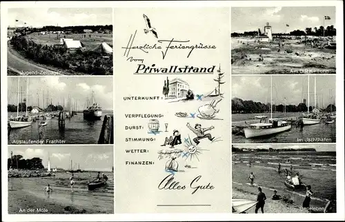 Ak Priwall Travemünde Lübeck, Jugend-Zeltlager, DRK-Turm, Auslaufender Frachter, Yachthafen, Mole